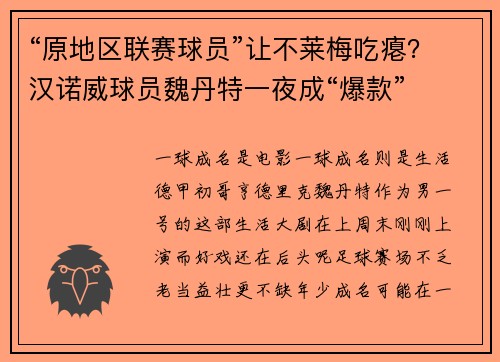 “原地区联赛球员”让不莱梅吃瘪？汉诺威球员魏丹特一夜成“爆款”